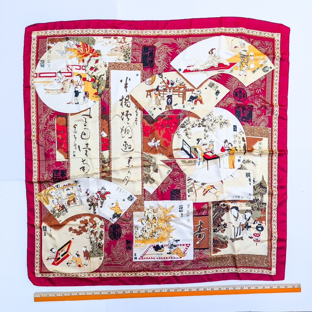 Vintage Japanese Silk Square Scarf Geisha Calligraphy Fan Print Red Gold 34x34